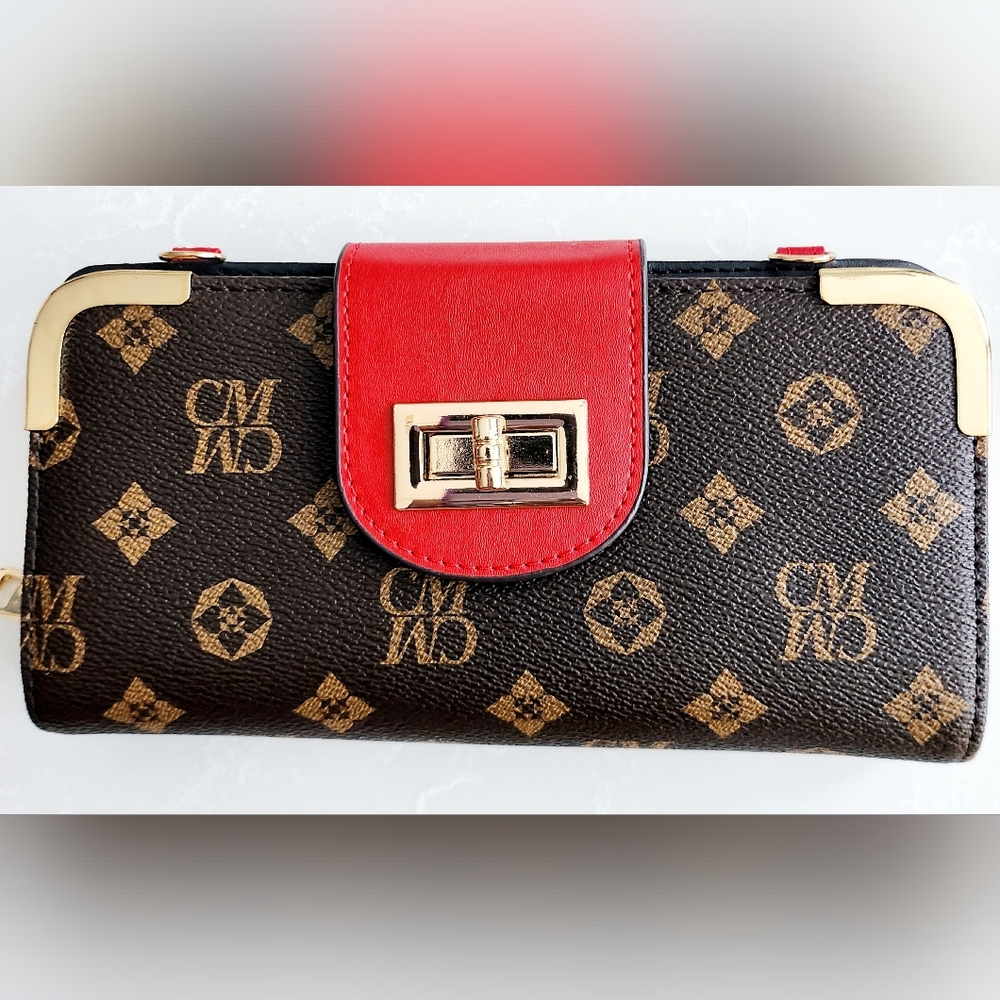 Red, brown, beige with gold trim ladies Leather wristlet/clutch